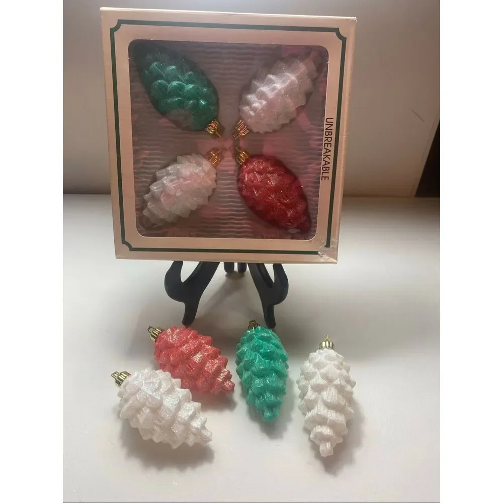 Vintage Trim A Home Unbreakable Pinecone Ornaments Set of 8 Glitter Holiday